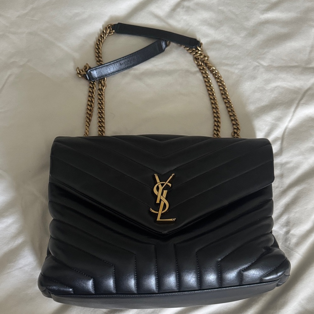 Yves Saint Laurent Black Chevron Shoulder Bag with Gold Accents